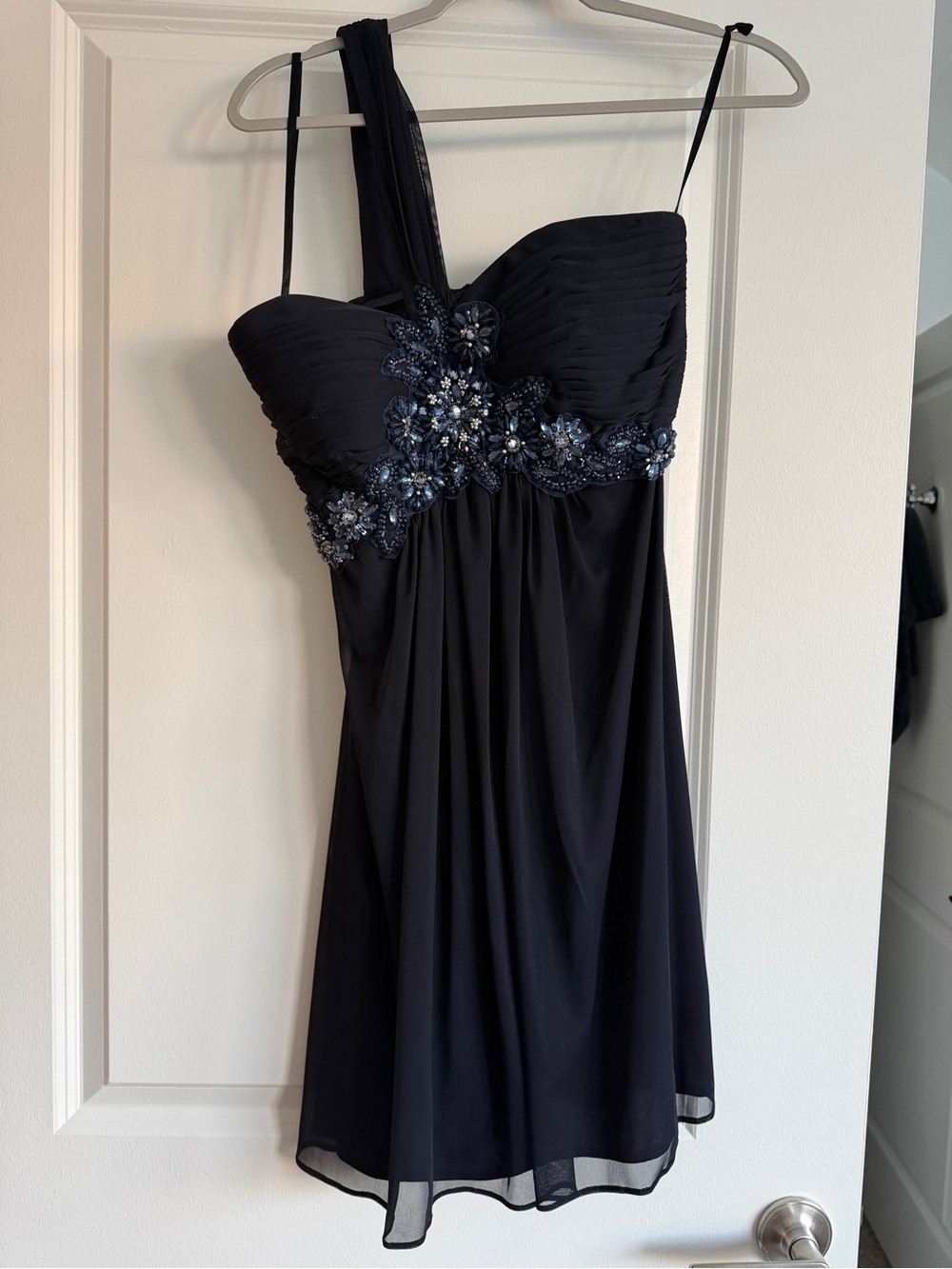 Stacy Sklar Midnight Navy One-Shoulder Floral Beaded Cocktail Dress
